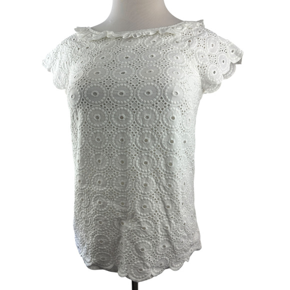 Lilly Pulitzer Crochet Eyelet Blouse Cap Short Sleeve Ruffle Button Back Size 8 - Picture 4 of 16